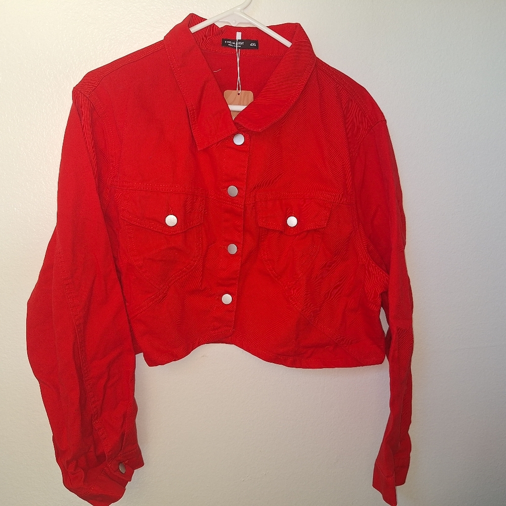 SHEIN Red Cropped Jean Jacket